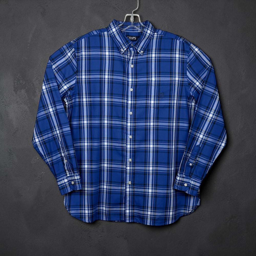 Chaps Mens Blue Plaid Long Sleeve Button Down Shirt Size XL Cotton Blend